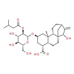 ChemSpider 2D Image | (1R,4R,5R,7R,9R,10S,13S,15S)-15-Hydroxy-9-methyl-7-{[2-O-(3-methylbutanoyl)-beta-D-glucopyranosyl]oxy}-14-methylenetetracyclo[11.2.1.0~1,10~.0~4,9~]hexadecane-5-carboxylic acid | C30H46O10