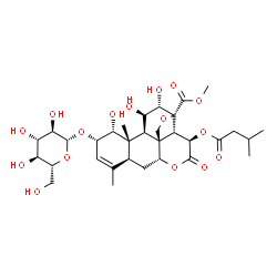 ChemSpider 2D Image | Methyl (1alpha,2alpha,11beta,12alpha,15beta)-2-(beta-D-glucopyranosyloxy)-1,11,12-trihydroxy-15-[(3-methylbutanoyl)oxy]-16-oxo-13,20-epoxypicras-3-en-21-oate | C32H46O16