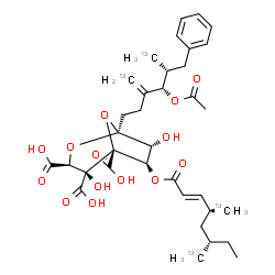 ChemSpider 2D Image | (1S,3S,4S,5R,6R,7R)-1-[(4S,5R)-4-Acetoxy-5-(~13~C)methyl-3-(~13~C)methylene-6-phenylhexyl]-6-({(2E,4S,6S)-4,6-bis[(~13~C)methyl]-2-octenoyl}oxy)-4,7-dihydroxy-2,8-dioxabicyclo[3.2.1]octane-3,4,5-trica
rboxylic acid | C3113C4H46O14