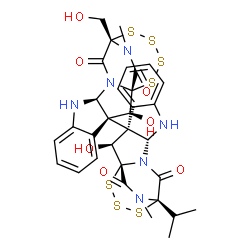 ChemSpider 2D Image | (1S,2S,3R,11S,14S)-2-Hydroxy-3-[(1S,2S,3S,11R,14S)-2-hydroxy-14-isopropyl-19-methyl-13,18-dioxo-15,16,17-trithia-10,12,19-triazapentacyclo[12.3.2.0~1,12~.0~3,11~.0~4,9~]nonadeca-4,6,8-trien-3-yl]-14-(
hydroxymethyl)-20-methyl-15,16,17,18-tetrathia-10,12,20-triazapentacyclo[12.4.2.0~1,12~.0~3,11~.0~4,9~]icosa-4,6,8-triene-13,19-dione | C32H32N6O7S7