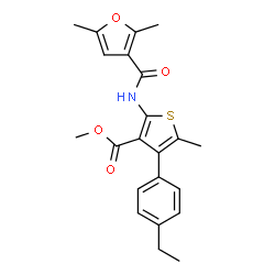 ChemSpider 2D Image | Methyl 2-[(2,5-dimethyl-3-furoyl)amino]-4-(4-ethylphenyl)-5-methyl-3-thiophenecarboxylate | C22H23NO4S