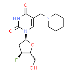 ChemSpider 2D Image | 1-(2,3-Dideoxy-3-fluoro-alpha-D-erythro-pentofuranosyl)-5-(1-piperidinylmethyl)-2,4(1H,3H)-pyrimidinedione | C15H22FN3O4