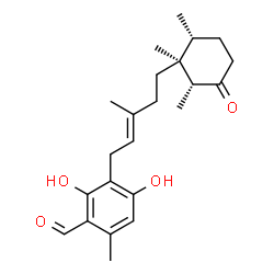 ChemSpider 2D Image | 2,4-Dihydroxy-6-methyl-3-{(2E)-3-methyl-5-[(1S,2R,6R)-1,2,6-trimethyl-3-oxocyclohexyl]-2-penten-1-yl}benzaldehyde | C23H32O4