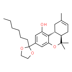ChemSpider 2D Image | (6aR,10aR)-3-(2-Hexyl-1,3-dioxolan-2-yl)-6,6,9-trimethyl-6a,7,10,10a-tetrahydro-6H-benzo[c]chromen-1-ol | C25H36O4