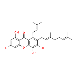 ChemSpider 2D Image | 2-[(2E)-3,7-Dimethyl-2,6-octadien-1-yl]-3,4,6,8-tetrahydroxy-1-(3-methyl-2-buten-1-yl)-9H-xanthen-9-one | C28H32O6