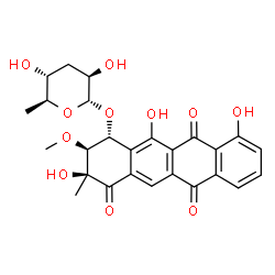 ChemSpider 2D Image | (1R,2S,3S)-3,10,12-Trihydroxy-2-methoxy-3-methyl-4,6,11-trioxo-1,2,3,4,6,11-hexahydro-1-tetracenyl 3,6-dideoxy-alpha-L-arabino-hexopyranoside | C26H26O11