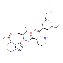 ChemSpider 2D Image | 1-[(1S,2S)-1-({[(3S)-2-{(2R)-2-[2-(Hydroxyamino)-2-oxoethyl]hexanoyl}hexahydro-3-pyridazinyl]carbonyl}amino)-2-methylbutyl]-5,6,7,8-tetrahydropyrazolo[1,2-a]pyridazin-4-ium-8-carboxylate | C26H42N6O6