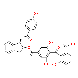 ChemSpider 2D Image | 2-{2,6-Dihydroxy-4-[({(1R,2R)-1-[(4-hydroxybenzoyl)amino]-2,3-dihydro-1H-inden-2-yl}oxy)carbonyl]benzoyl}-3-hydroxybenzoic acid | C31H23NO10
