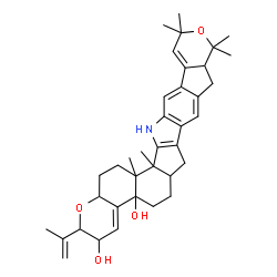 ChemSpider 2D Image | 2-Isopropenyl-10,10,12,12,15b,15c-hexamethyl-2,3,5,6,6a,7,9,9a,10,12,15,15b,15c,16,17,17a-hexadecahydro-4bH-chromeno[5',6':6,7]indeno[1,2-b]pyrano[4',3':3,4]cyclopenta[1,2-f]indole-3,4b-diol | C37H47NO4