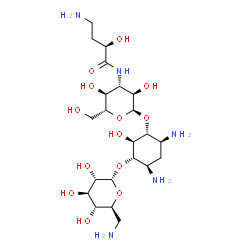ChemSpider 2D Image | (1R,2S,3S,4R,6S)-4,6-Diamino-3-[(6-amino-6-deoxy-alpha-L-glucopyranosyl)oxy]-2-hydroxycyclohexyl 3-{[(2R)-4-amino-2-hydroxybutanoyl]amino}-3-deoxy-alpha-D-glucopyranoside | C22H43N5O13