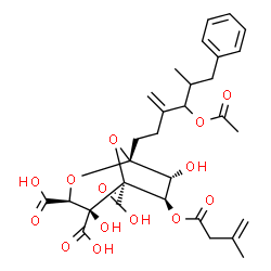 ChemSpider 2D Image | (1R,3S,4S,5S,6R,7R)-1-(4-Acetoxy-5-methyl-3-methylene-6-phenylhexyl)-4,7-dihydroxy-6-[(3-methyl-3-butenoyl)oxy]-2,8-dioxabicyclo[3.2.1]octane-3,4,5-tricarboxylic acid | C30H36O14