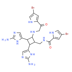 ChemSpider 2D Image | N-{[2,3-Bis(2-amino-1H-imidazol-5-yl)-4-{[2-(4-bromo-1H-pyrrol-2-yl)-2-oxoethyl]amino}cyclobutyl]methyl}-4-bromo-1H-pyrrole-2-carboxamide | C22H24Br2N10O2