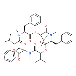 ChemSpider 2D Image | (3S,9S,15S)-3,9,15-Tribenzyl-6,12,18-triisopropyl-4,10,16-trimethyl-1,7,13-trioxa-4,10,16-triazacyclooctadecane-2,5,8,11,14,17-hexone | C45H57N3O9