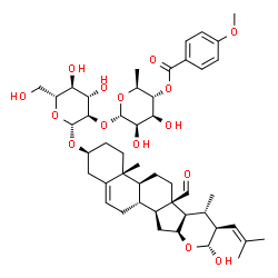 ChemSpider 2D Image | (2S,4aR,4bS,6aR,6bR,7S,8S,9R,10aS,11aS,11bR)-6a-Formyl-9-hydroxy-4a,7-dimethyl-8-(2-methyl-1-propen-1-yl)-1,2,3,4,4a,4b,5,6,6a,6b,7,8,9,10a,11,11a,11b,12-octadecahydronaphtho[2',1':4,5]indeno[2,1-b]py
ran-2-yl 2-O-[6-deoxy-4-O-(4-methoxybenzoyl)-alpha-L-mannopyranosyl]-beta-D-glucopyranoside | C47H66O15