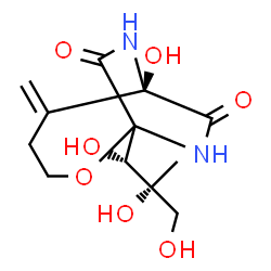 ChemSpider 2D Image | (6R)-6-Hydroxy-5-methylene-1-[(1S,2R)-1,2,3-trihydroxy-2-methylpropyl]-2-oxa-7,9-diazabicyclo[4.2.2]decane-8,10-dione | C12H18N2O7