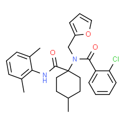 ChemSpider 2D Image | 2-Chloro-N-{1-[(2,6-dimethylphenyl)carbamoyl]-4-methylcyclohexyl}-N-(2-furylmethyl)benzamide | C28H31ClN2O3