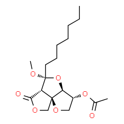 ChemSpider 2D Image | (3R,3aS,5R,5aS,8aR)-5-Heptyl-5-methoxy-6-oxotetrahydro-2H,5H-difuro[3,2-b:3',4'-c]furan-3-yl acetate | C18H28O7