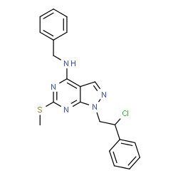 ChemSpider 2D Image | N-benzyl-1-(2-chloro-2-phenylethyl)-6-(methylthio)-1H-pyrazolo[3,4-d]pyrimidin-4-amine | C21H20ClN5S