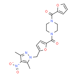 ChemSpider 2D Image | (4-{5-[(3,5-Dimethyl-4-nitro-1H-pyrazol-1-yl)methyl]-2-furoyl}-1-piperazinyl)(2-furyl)methanone | C20H21N5O6