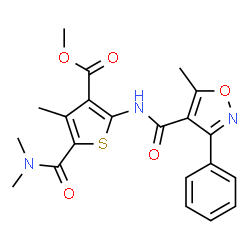 ChemSpider 2D Image | Methyl 5-(dimethylcarbamoyl)-4-methyl-2-{[(5-methyl-3-phenyl-1,2-oxazol-4-yl)carbonyl]amino}-3-thiophenecarboxylate | C21H21N3O5S