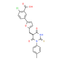 ChemSpider 2D Image | 2-Chloro-5-(5-{[1-(4-methylphenyl)-4,6-dioxo-2-thioxotetrahydro-5(2H)-pyrimidinylidene]methyl}-2-furyl)benzoic acid | C23H15ClN2O5S