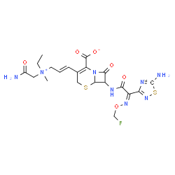 ChemSpider 2D Image | 3-{(1E)-3-[(2-Amino-2-oxoethyl)(ethyl)methylammonio]-1-propen-1-yl}-7-({(2Z)-2-[5-amino(5-~14~C)-1,2,4-thiadiazol-3-yl]-2-[(fluoromethoxy)imino]acetyl}amino)-8-oxo-5-thia-1-azabicyclo[4.2.0]oct-2-ene-
2-carboxylate | C1914CH25FN8O6S2