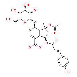 ChemSpider 2D Image | Methyl (1S,5R,7S)-7-acetoxy-1-(beta-D-glucopyranosyloxy)-5-{[(2E)-3-(4-hydroxyphenyl)-2-propenoyl]oxy}-7-methyl-1,4a,5,6,7,7a-hexahydrocyclopenta[c]pyran-4-carboxylate | C28H34O14