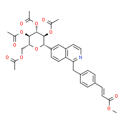 ChemSpider 2D Image | (1S)-2,3,4,6-Tetra-O-acetyl-1,5-anhydro-1-(1-{4-[(1E)-3-methoxy-3-oxo-1-propen-1-yl]benzyl}-6-isoquinolinyl)-D-glucitol | C34H35NO11
