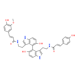 ChemSpider 2D Image | (2E)-N-{2-[5,5'-Dihydroxy-3'-(2-{[(2E)-3-(4-hydroxyphenyl)-2-propenoyl]amino}ethyl)-1H,1'H-4,4'-biindol-3-yl]ethyl}-3-(4-hydroxy-3-methoxyphenyl)acrylamide | C39H36N4O7