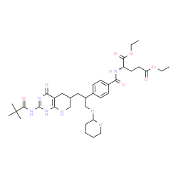 ChemSpider 2D Image | Diethyl N-{4-[1-{2-[(2,2-dimethylpropanoyl)amino]-4-oxo-1,4,5,6,7,8-hexahydropyrido[2,3-d]pyrimidin-6-yl}-3-(tetrahydro-2H-pyran-2-yloxy)-2-propanyl]benzoyl}-L-glutamate | C36H51N5O9