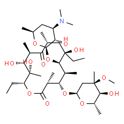 ChemSpider 2D Image | (3R,4S,5S,6R,7R,9R,11R,12R,13S,14R)-6-{[(2R,3S,4R,6S)-4-(Dimethylamino)-3-hydroxy-6-methyltetrahydro-2H-pyran-2-yl]oxy}-7,14-diethyl-7,12,13-trihydroxy-4-{[(2R,4R,5S,6S)-5-hydroxy-4-methoxy-4,6-dimeth
yltetrahydro-2H-pyran-2-yl]oxy}-3,5,9,11,13-pentamethyloxacyclotetradecane-2,10-dione | C38H69NO13