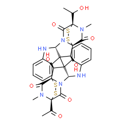 ChemSpider 2D Image | (1S,1'S,2S,2'S,11R,11'R,14R,14'R)-14-Acetyl-2,2'-dihydroxy-14'-[(1R)-1-hydroxyethyl]-18,18'-dimethyl-3,3'-bi(15,16-dithia-10,12,18-triazapentacyclo[12.2.2.0~1,12~.0~3,11~.0~4,9~]octadecane)-4,4',6,6',
8,8'-hexaene-13,13',17,17'-tetrone | C32H30N6O8S4