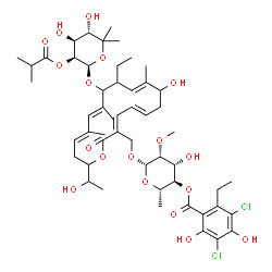 ChemSpider 2D Image | [(2S,3R,4R,5R,6S)-6-[[(3E,5E,9E,13E,15E)-12-[(2R,3S,4S,5S)-4,5-dihydroxy-6,6-dimethyl-3-(2-methylpropanoyloxy)tetrahydropyran-2-yl]oxy-11-ethyl-8-hydroxy-18-(1-hydroxyethyl)-9,13,15-trimethyl-2-oxo-1-oxacyclooctadeca-3,5,9,13,15-pentaen-3-yl]methoxy]-4-hydroxy-5-methoxy-2-methyl-tetrahydropyran-3-yl] 3,5-dichloro-2-ethyl-4,6-dihydroxy-benzoate | C52H74Cl2O18