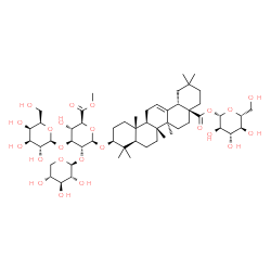ChemSpider 2D Image | methyl (2S,3S,4S,5R,6R)-6-[[(3S,4aR,6aR,6bS,8aS,12aS,14aR,14bR)-4,4,6a,6b,11,11,14b-heptamethyl-8a-[(2S,3R,4S,5S,6R)-3,4,5-trihydroxy-6-(hydroxymethyl)tetrahydropyran-2-yl]oxycarbonyl-1,2,3,4a,5,6,7,8,9,10,12,12a,14,14a-tetradecahydropicen-3-yl]oxy]-3-hydroxy-4-[(2S,3R,4S,5S,6R)-3,4,5-trihydroxy-6-(hydroxymethyl)tetrahydropyran-2-yl]oxy-5-[(2S,3R,4S,5R)-3,4,5-trihydroxytetrahydropyran-2-yl]oxy-tetrahydropyran-2-carboxylate | C54H86O23