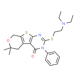 ChemSpider 2D Image | 2-{[2-(Diethylamino)ethyl]sulfanyl}-6,6-dimethyl-3-phenyl-3,5,6,8-tetrahydro-4H-pyrano[4',3':4,5]thieno[2,3-d]pyrimidin-4-one | C23H29N3O2S2