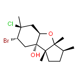 ChemSpider 2D Image | (3S,3aR,4aR,6S,7S,8aS,8bR)-7-Bromo-6-chloro-3,3a,6,8b-tetramethyloctahydro-1H-benzo[b]cyclopenta[d]furan-8a(4aH)-ol | C15H24BrClO2