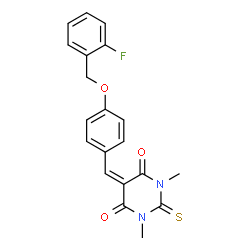 ChemSpider 2D Image | 5-{4-[(2-Fluorobenzyl)oxy]benzylidene}-1,3-dimethyl-2-thioxodihydro-4,6(1H,5H)-pyrimidinedione | C20H17FN2O3S