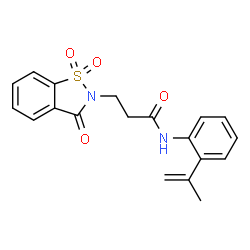 ChemSpider 2D Image | 3-(1,1-Dioxido-3-oxo-1,2-benzothiazol-2(3H)-yl)-N-(2-isopropenylphenyl)propanamide | C19H18N2O4S