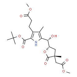 ChemSpider 2D Image | 2-Methyl-2-propanyl 5-{(S)-hydroxy[(2S,4R)-4-(2-methoxy-2-oxoethyl)-4-methyl-5-oxotetrahydro-2-furanyl]methyl}-3-(3-methoxy-3-oxopropyl)-4-methyl-1H-pyrrole-2-carboxylate | C23H33NO9