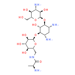ChemSpider 2D Image | (1S,2R,3R,4S,6R)-3-{[6-(L-Alanylamino)-6-deoxy-alpha-D-glucopyranosyl]oxy}-4,6-diamino-2-hydroxycyclohexyl 3-amino-3-deoxy-alpha-D-glucopyranoside | C21H41N5O12