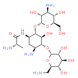ChemSpider 2D Image | (1S,2S,3R,4S,6R)-6-(L-Alanylamino)-4-amino-3-[(6-amino-6-deoxy-alpha-D-glucopyranosyl)oxy]-2-hydroxycyclohexyl 3-amino-3-deoxy-alpha-D-glucopyranoside | C21H41N5O12
