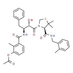 ChemSpider 2D Image | 3-{[(2S,3S)-4-{(4R)-5,5-Dimethyl-4-[(2-methylbenzyl)carbamoyl]-1,3-thiazolidin-3-yl}-3-hydroxy-4-oxo-1-phenyl-2-butanyl]carbamoyl}-2-methylphenyl acetate | C34H39N3O6S