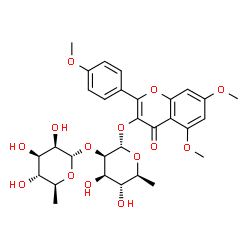 ChemSpider 2D Image | 5,7-Dimethoxy-2-(4-methoxyphenyl)-4-oxo-4H-chromen-3-yl 6-deoxy-2-O-(6-deoxy-alpha-L-mannopyranosyl)-alpha-L-mannopyranoside | C30H36O14