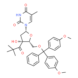 ChemSpider 2D Image | 1-{5-O-[Bis(4-methoxyphenyl)(phenyl)methyl]-2-deoxy-3-C-(2,2-dimethylpropanoyl)-beta-D-threo-pentofuranosyl}-5-methyl-2,4(1H,3H)-pyrimidinedione | C36H40N2O8