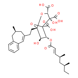 ChemSpider 2D Image | (1S,3S,4S,5R,6R,7R)-6-{[(2E,4S,6S)-4,6-Dimethyl-2-octenoyl]oxy}-4,7-dihydroxy-1-{2-[(6S)-6-methyl-6,7-dihydro-5H-benzo[7]annulen-8-yl]ethyl}-2,8-dioxabicyclo[3.2.1]octane-3,4,5-tricarboxylic acid (non
-preferred name) | C33H42O12