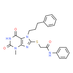 ChemSpider 2D Image | 2-{[3-Methyl-2,6-dioxo-7-(3-phenylpropyl)-2,3,6,7-tetrahydro-1H-purin-8-yl]sulfanyl}-N-phenylacetamide | C23H23N5O3S
