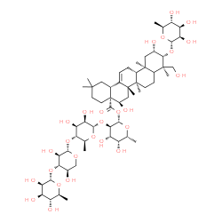 ChemSpider 2D Image | [(2S,3R,4S,5R,6R)-3-[(2S,3R,4S,5R,6S)-5-[(2S,3R,4S,5R)-3,5-dihydroxy-4-[(2S,3R,4R,5R,6S)-3,4,5-trihydroxy-6-methyl-tetrahydropyran-2-yl]oxy-tetrahydropyran-2-yl]oxy-3,4-dihydroxy-6-methyl-tetrahydropyran-2-yl]oxy-4,5-dihydroxy-6-methyl-tetrahydropyran-2-yl] (4aR,5R,6aR,6aS,6bR,9R,10R,11S,12aR,14bR)-5,11-dihydroxy-9-(hydroxymethyl)-2,2,6a,6b,9,12a-hexamethyl-10-[(2S,3R,4R,5R,6S)-3,4,5-trihydroxy-6-methyl-tetrahydropyran-2-yl]oxy-1,3,4,5,6,6a,7,8,8a,10,11,12,13,14b-tetradecahydropicene-4a-carboxylate | C59H96O26