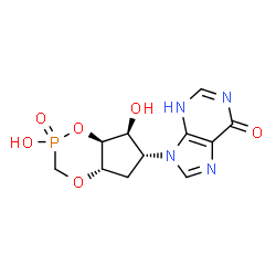 ChemSpider 2D Image | 9-[(4aS,6R,7S,7aS)-2,7-Dihydroxy-2-oxidohexahydro-4aH-cyclopenta[e][1,4,2]dioxaphosphinin-6-yl]-3,9-dihydro-6H-purin-6-one | C11H13N4O6P