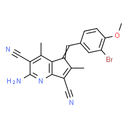 ChemSpider 2D Image | 2-Amino-5-(3-bromo-4-methoxybenzylidene)-4,6-dimethyl-5H-cyclopenta[b]pyridine-3,7-dicarbonitrile | C20H15BrN4O