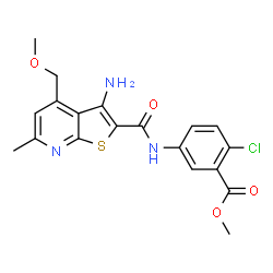ChemSpider 2D Image | Methyl 5-({[3-amino-4-(methoxymethyl)-6-methylthieno[2,3-b]pyridin-2-yl]carbonyl}amino)-2-chlorobenzoate | C19H18ClN3O4S